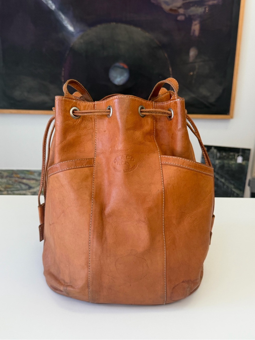 Chaco Tan Leather Drawstring Bucket Shoulder Bag